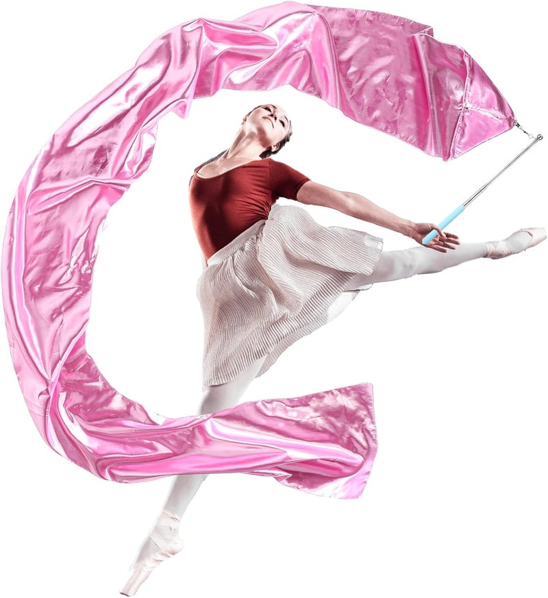 RoundFunny 98" Dance Streamer with Scalable Rod, Gymnastics Dance Ribbon Artistic Twirling Ribbon, Church Worship Adoration Dance Banner for Dancer and Church Liturgical Praise (Pink) - Image 1